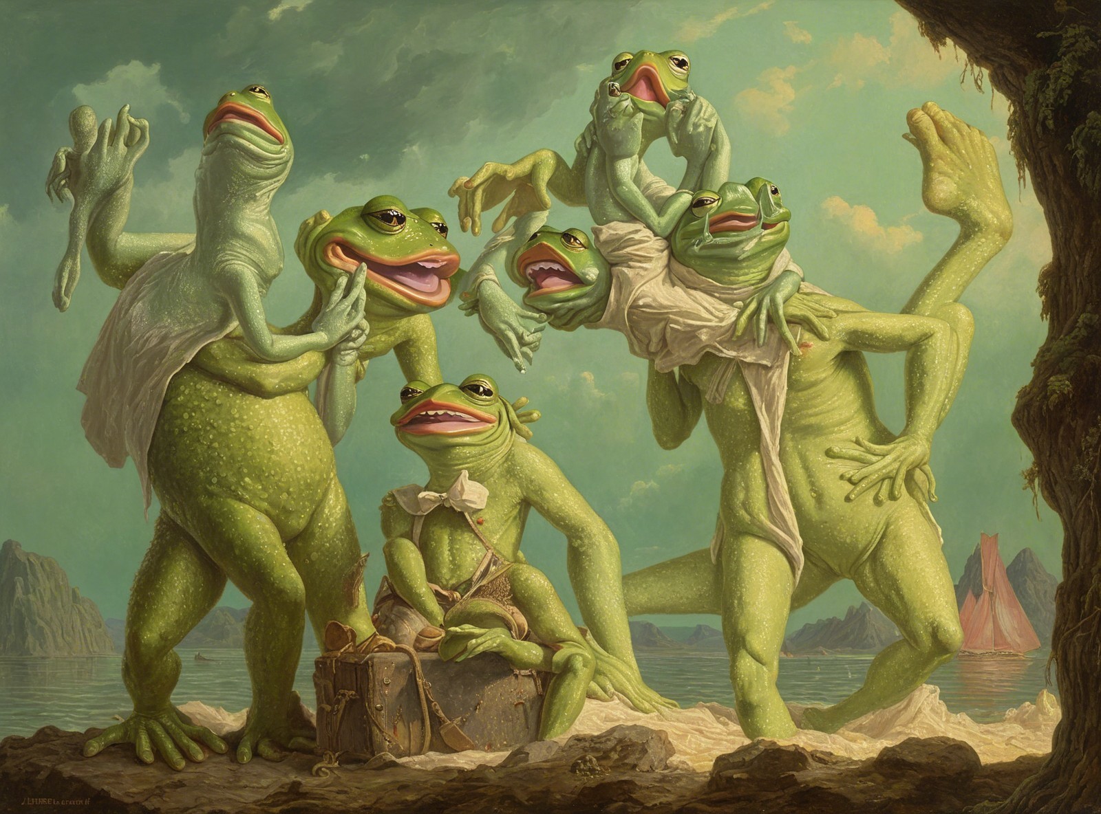 Anthropomorphic frogs in playful poses in serene landscape