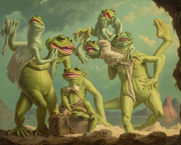 Anthropomorphic frogs in playful poses in serene landscape