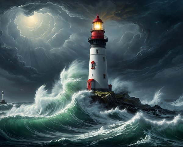 Dramatic Seascape with Towering Lighthouse and Waves