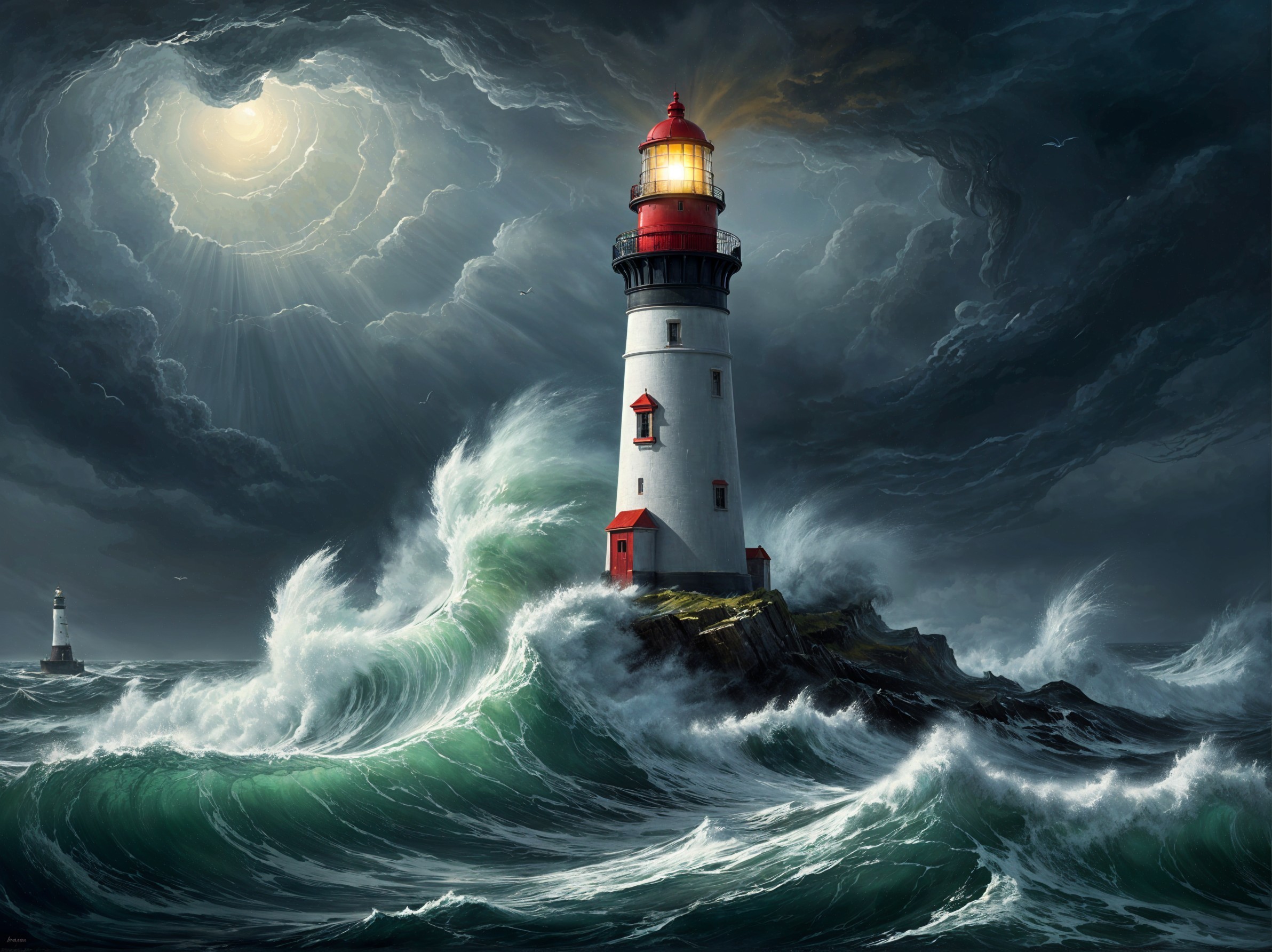 Dramatic Seascape with Towering Lighthouse and Waves