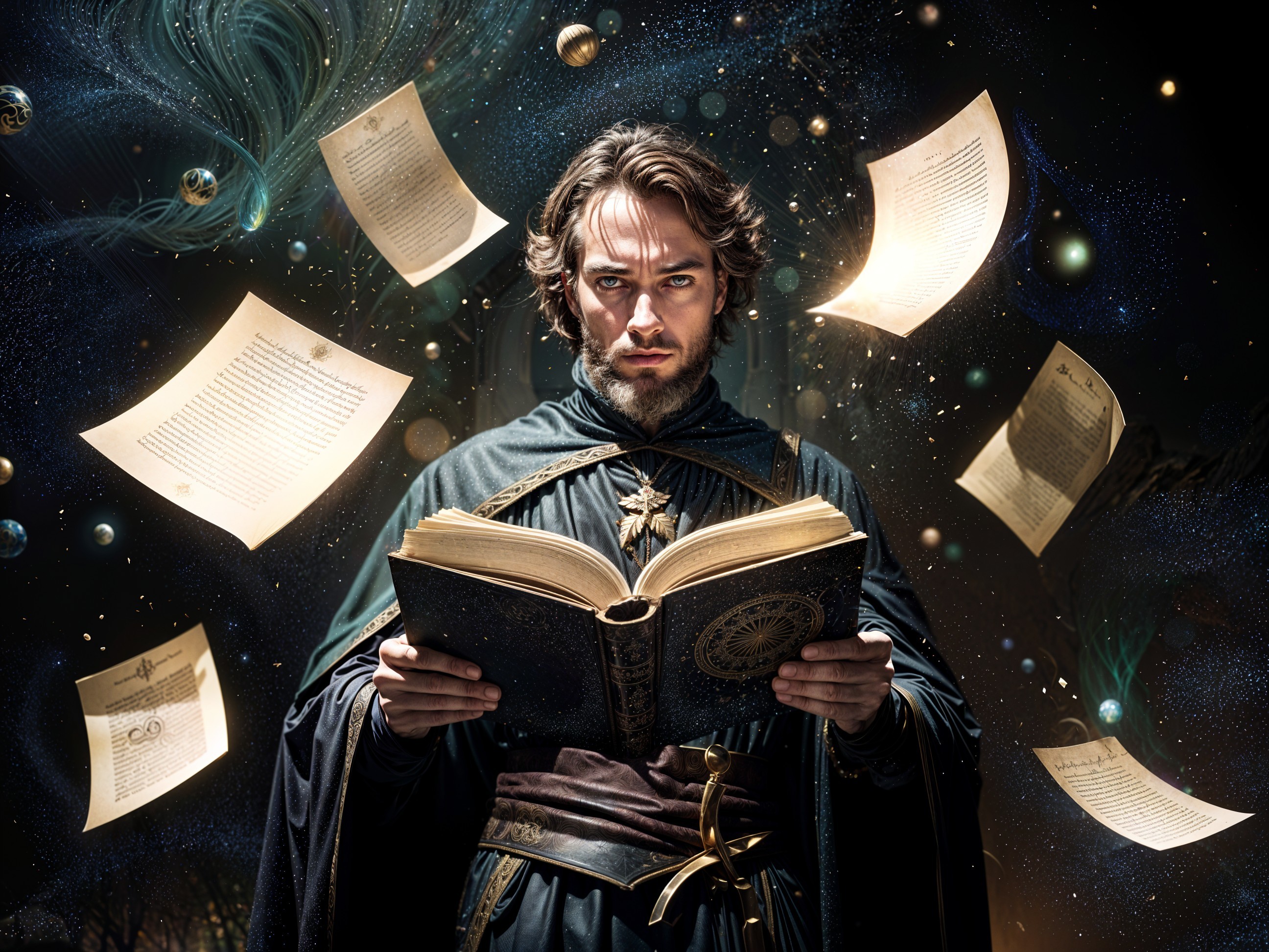 Young man with ancient book in mystical setting