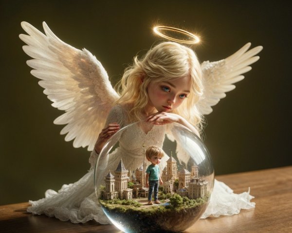 Serene Angelic Girl with Glass Orb and Miniature World