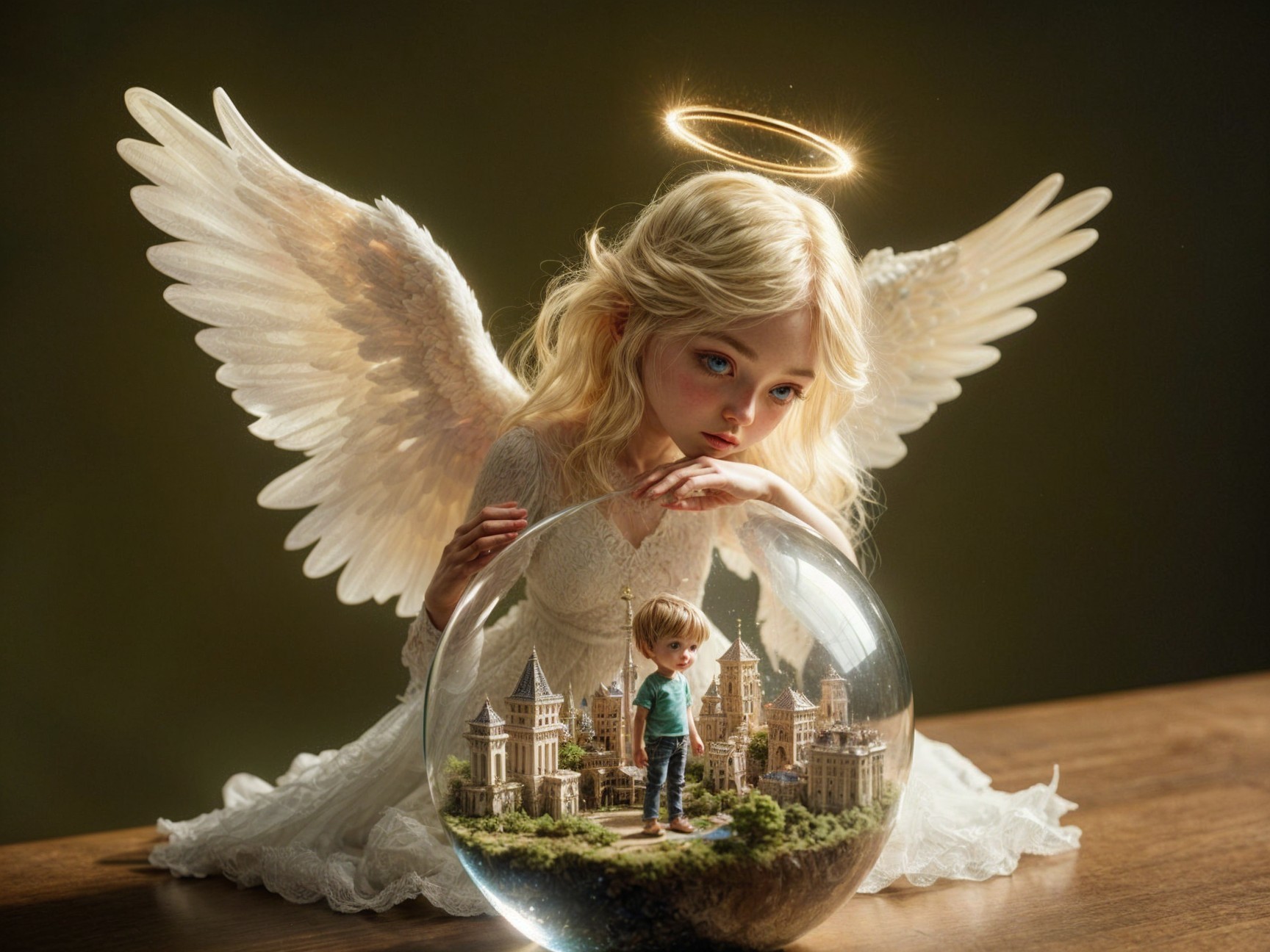 Serene Angelic Girl with Glass Orb and Miniature World