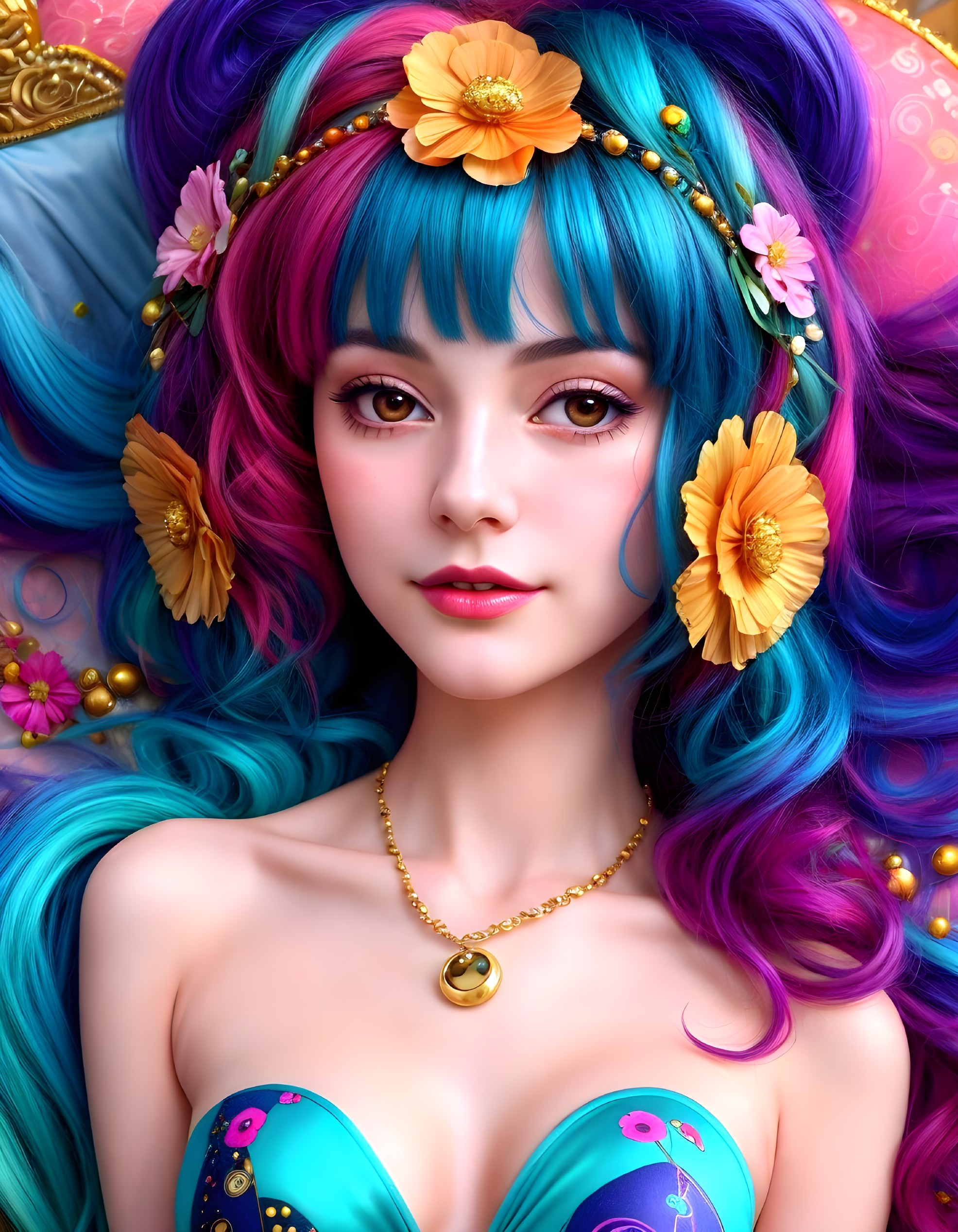 Colorful digital artwork of a woman with blue and purple hair and floral accessories.
