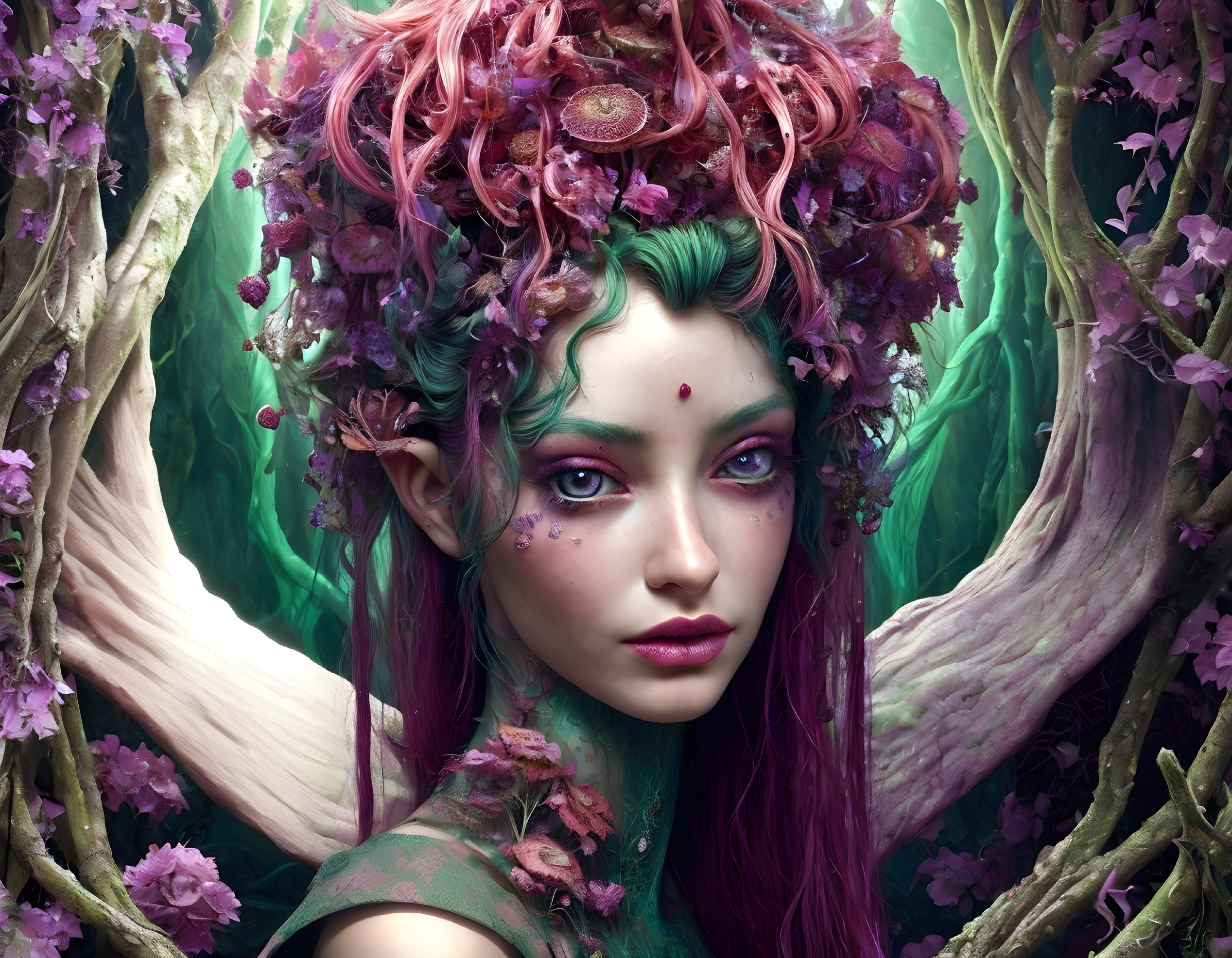 Fantasy illustration of female figure with green skin and magenta hair in mystical forest
