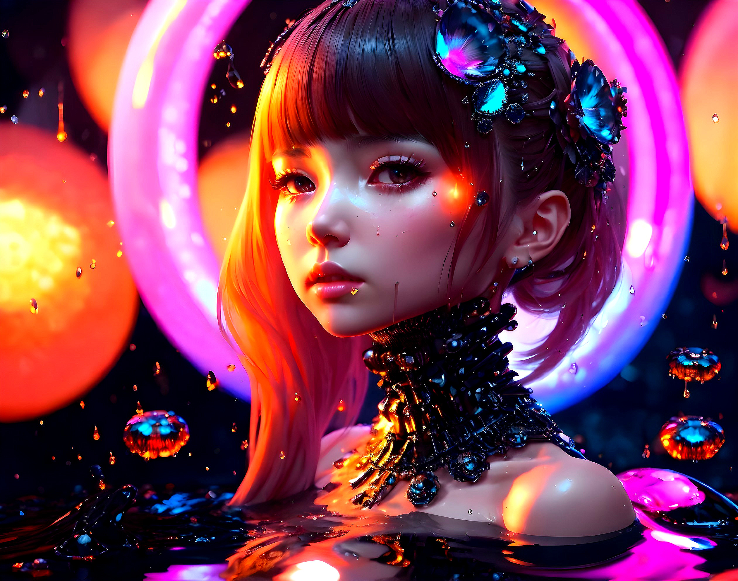 Dark-haired animated character with flower-adorned hair, glowing eyes, intricate black clothing, vibrant orbs