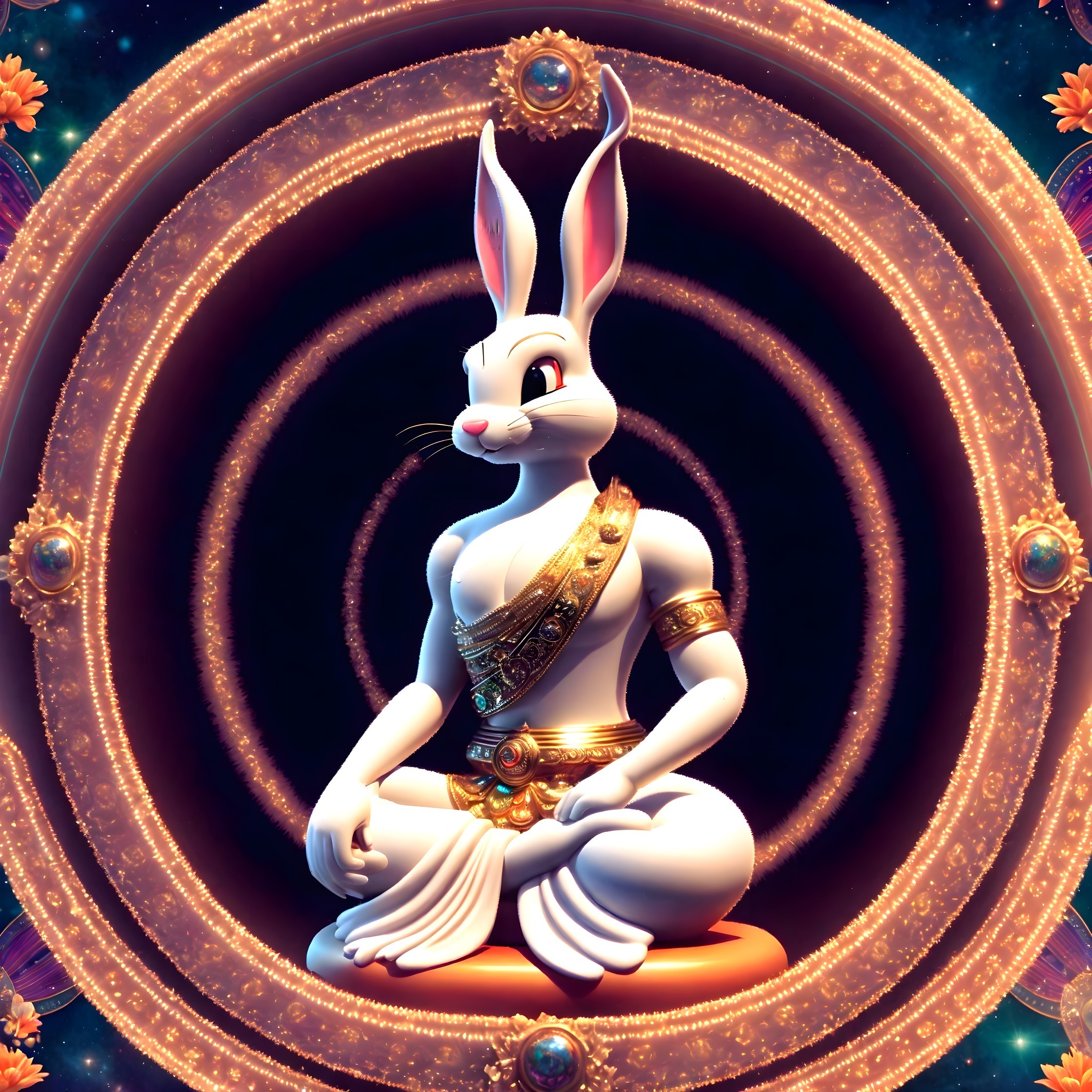 Anthropomorphic rabbit in golden armor meditating with glowing rings