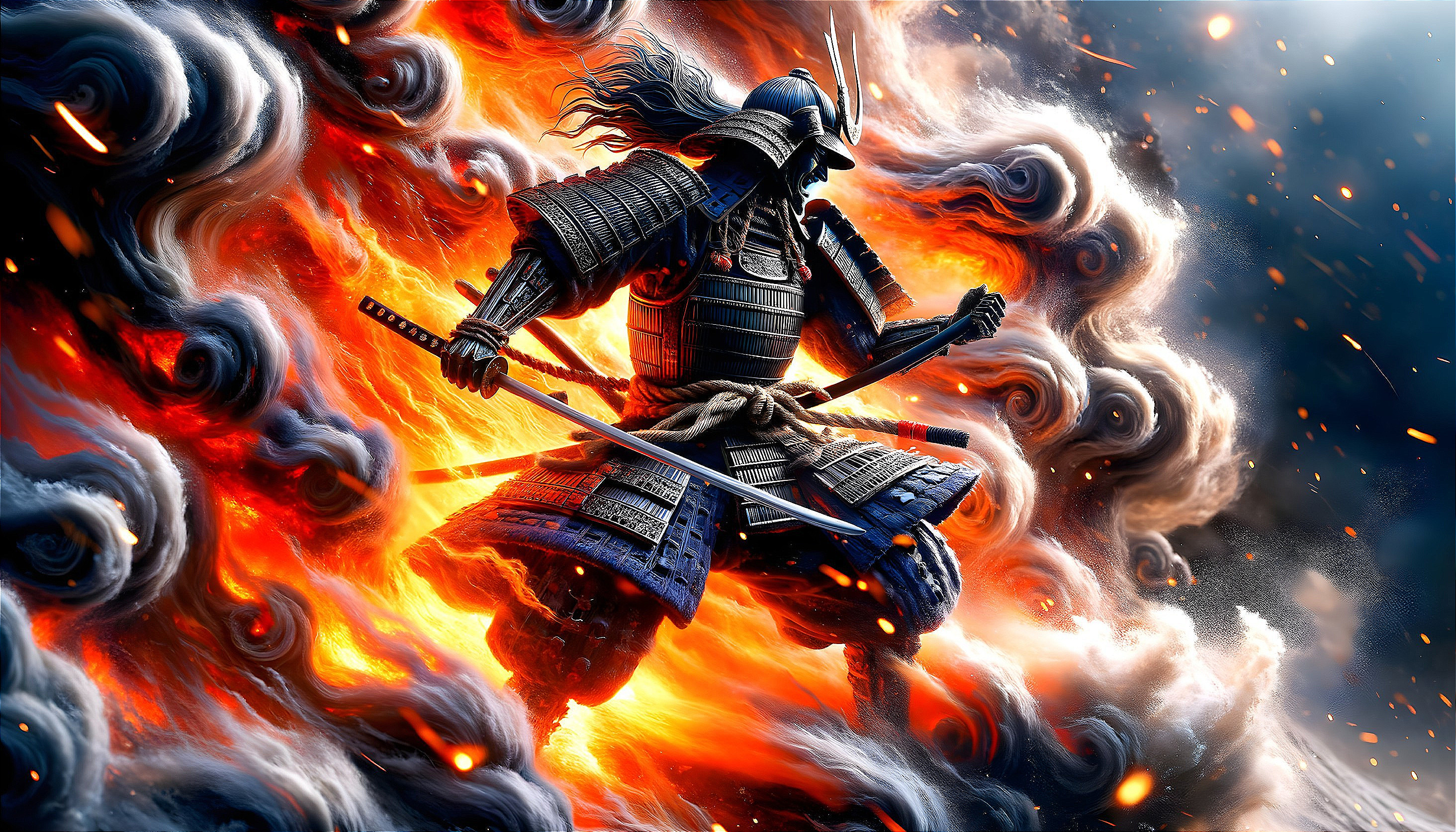 Samurai in Armor with Katana Surrounded by Flames