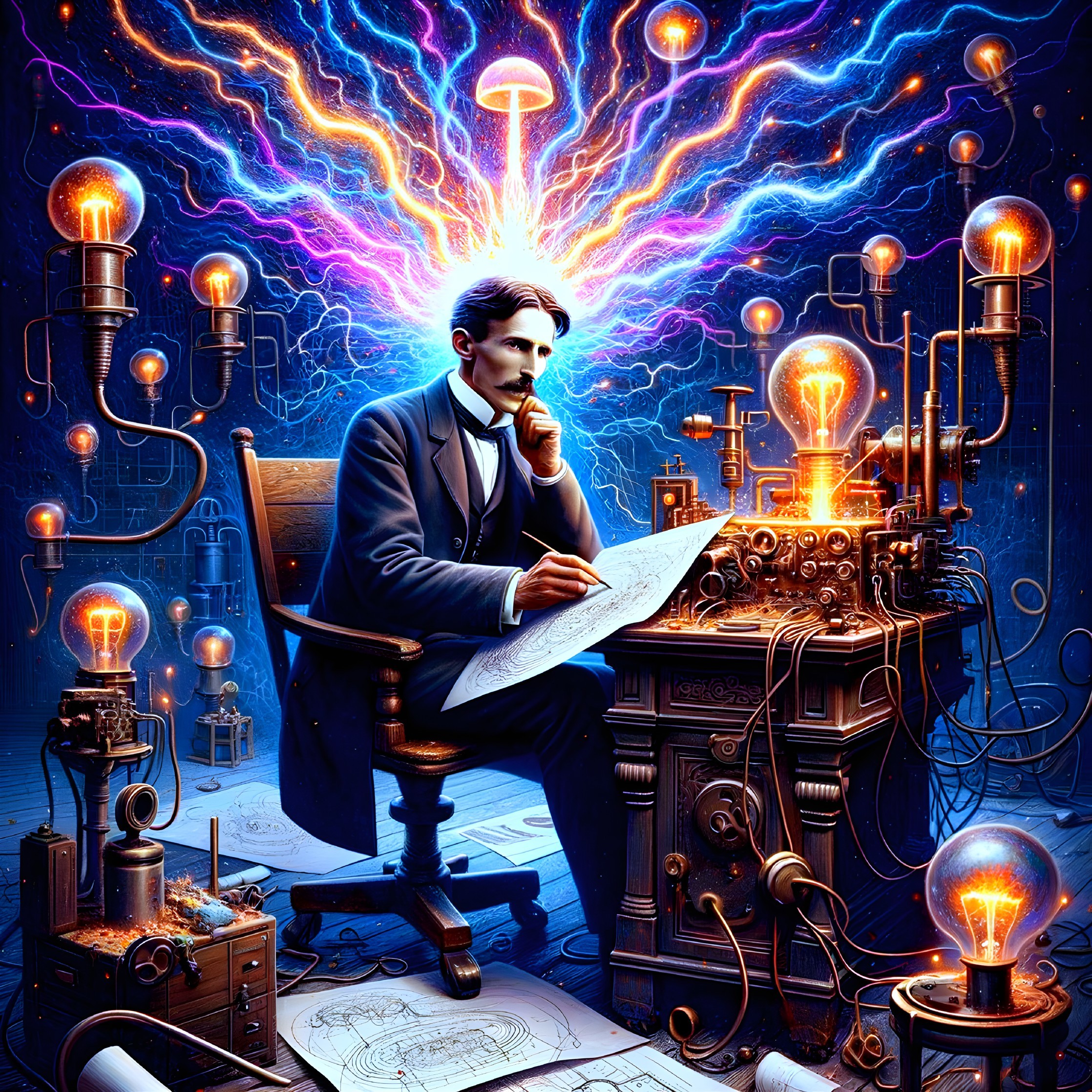 Man sitting at desk surrounded by electrical devices and Tesla coils in vibrant blue room