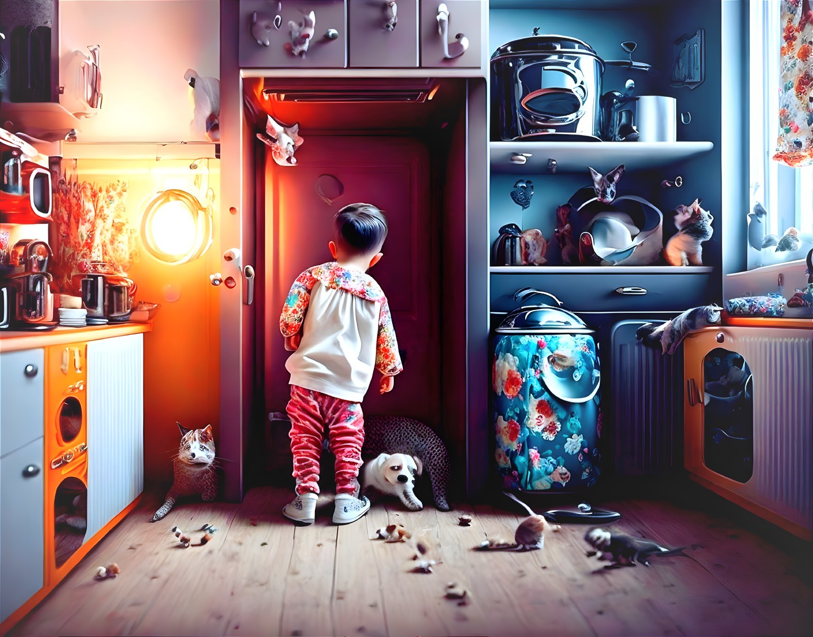 Child in Colorful Kitchen with Playful Pets and Glowing Door