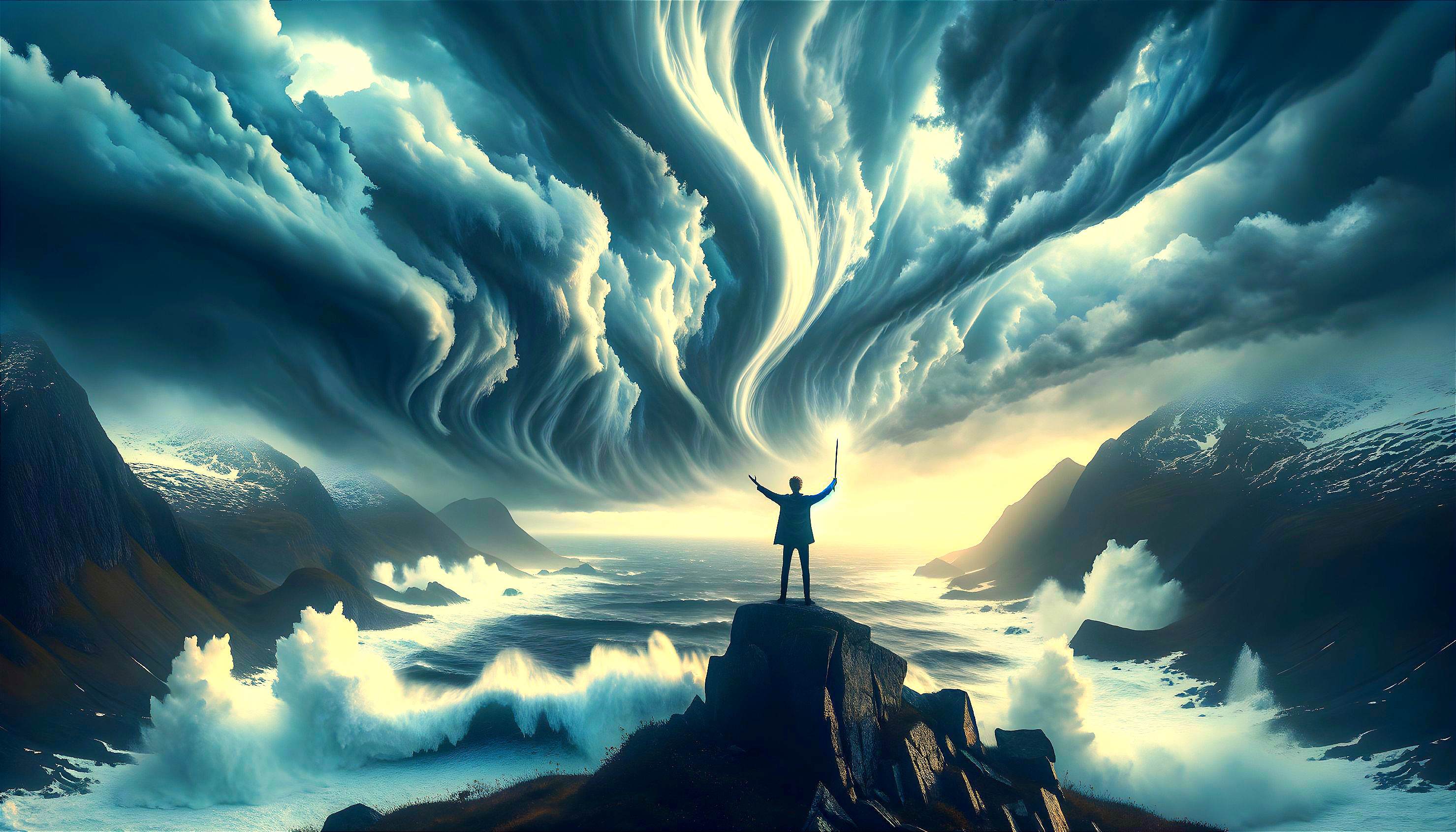 Lone Figure on Rocky Outcrop Against Dramatic Sky