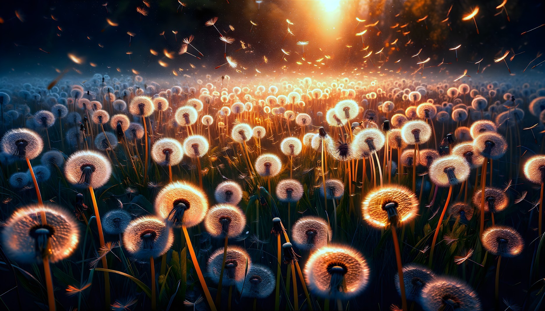 Glowing Dandelions in Twilight Sky with Sunbeams