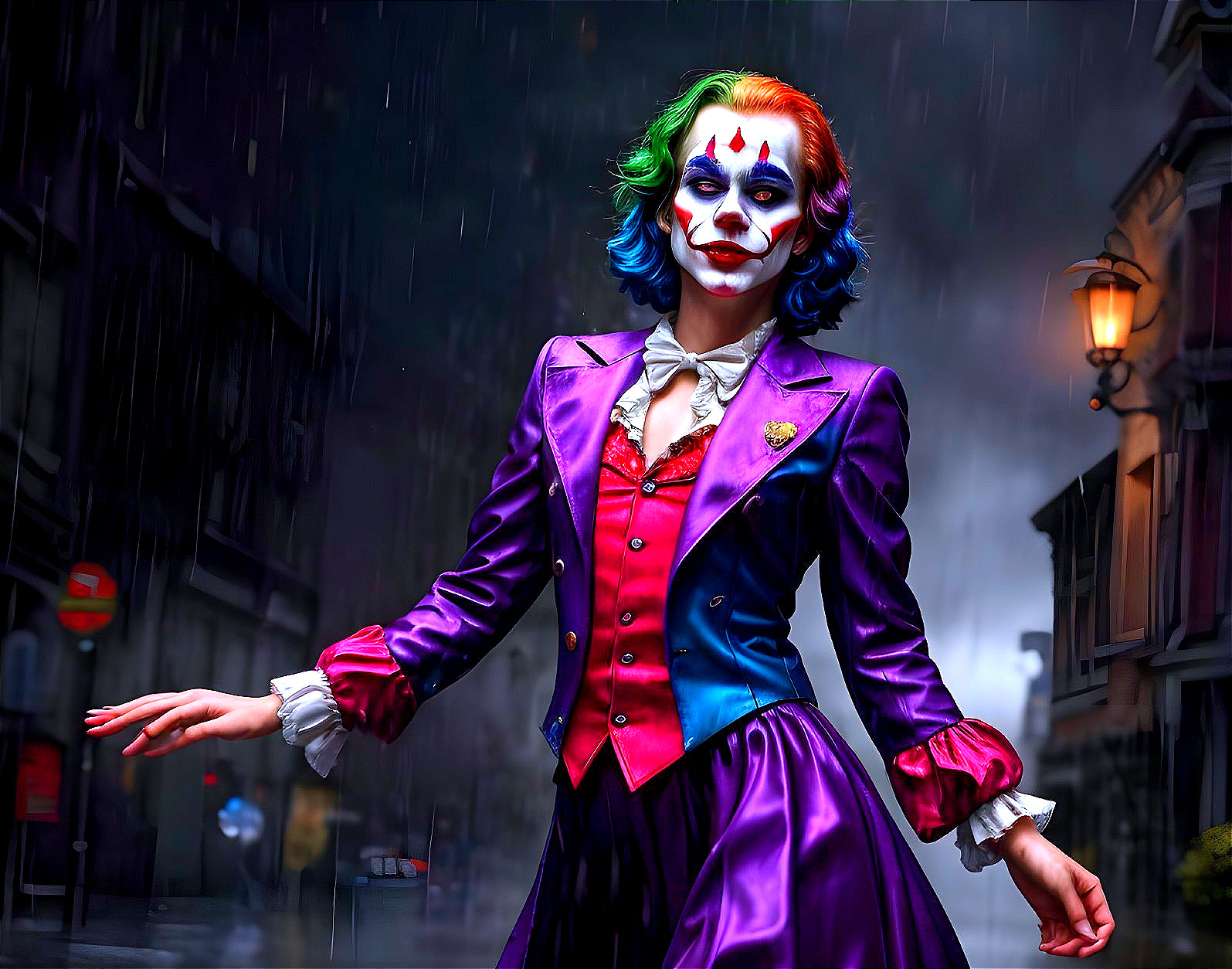 Vibrant Joker costume in rain on city street