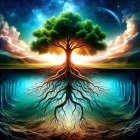Symmetrical Tree with Roots Reflecting at Sunset