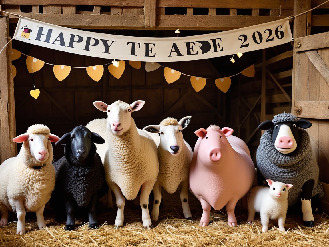 Farm Animals in Barn with Decorative Banner and Hay