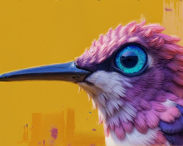 Stylized Bird with Pink and Purple Plumage on Yellow