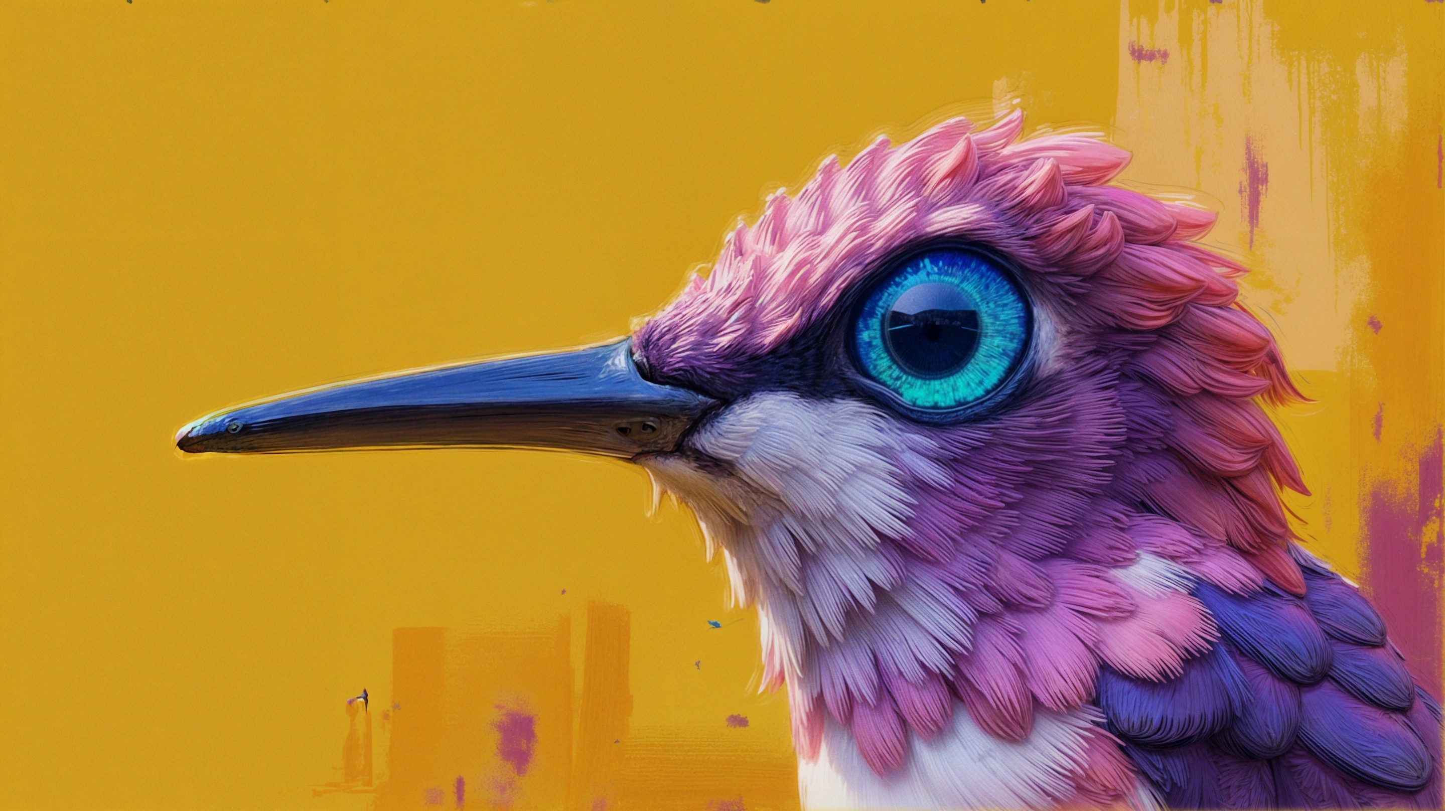 Stylized Bird with Pink and Purple Plumage on Yellow
