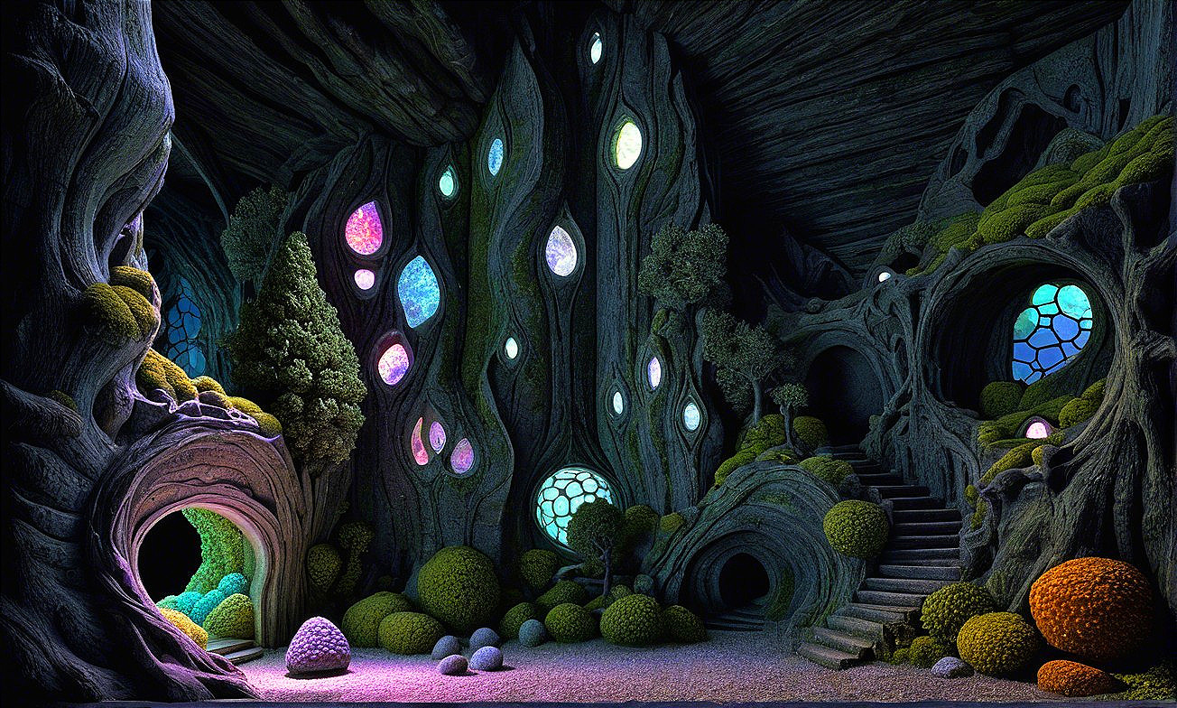 Whimsical cave interior with illuminated windows and greenery