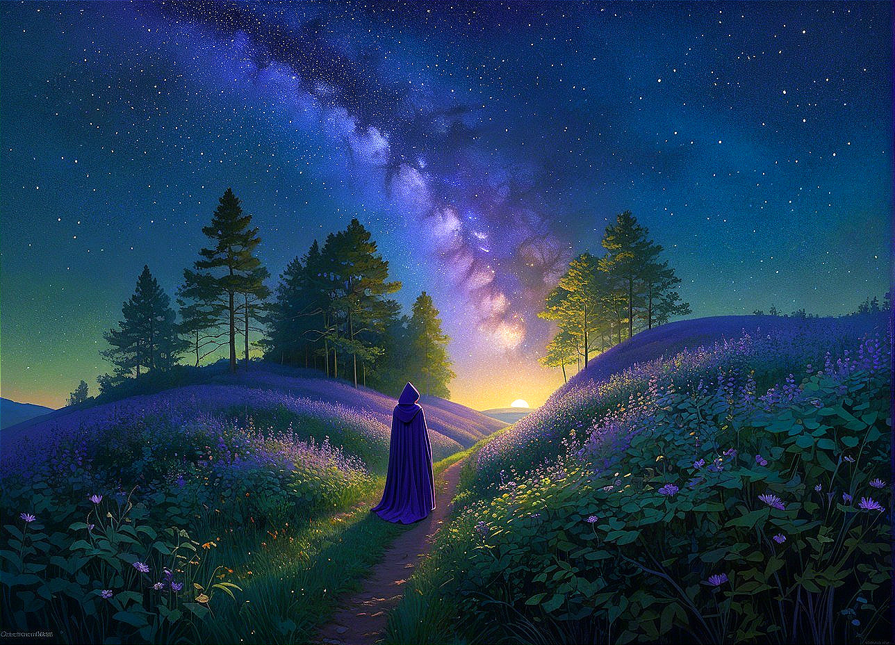 Cloaked Figure on Path Through Vibrant Flowers and Trees