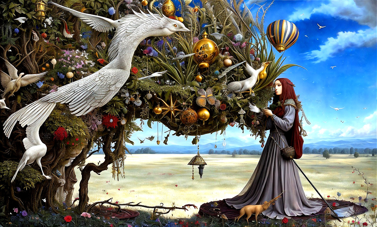 Whimsical Landscape with Woman and Soaring Birds