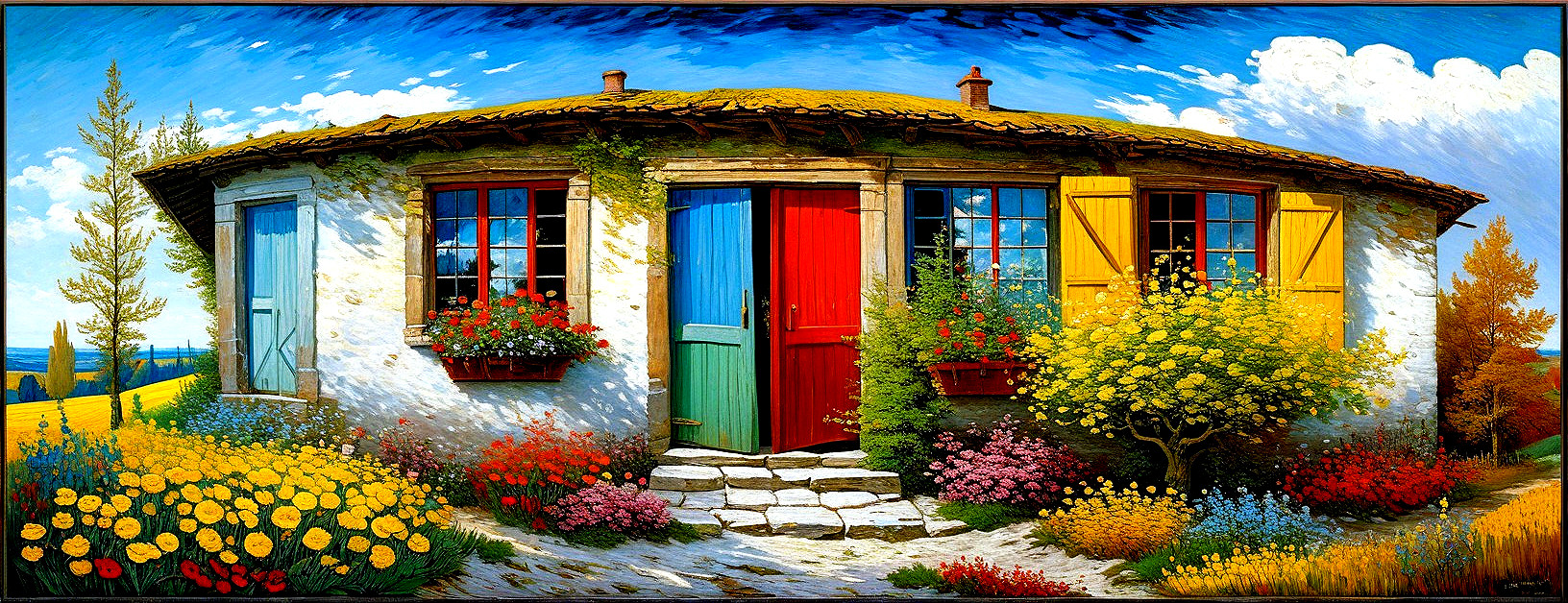 Colorful Cottage Surrounded by Vibrant Garden Blooms