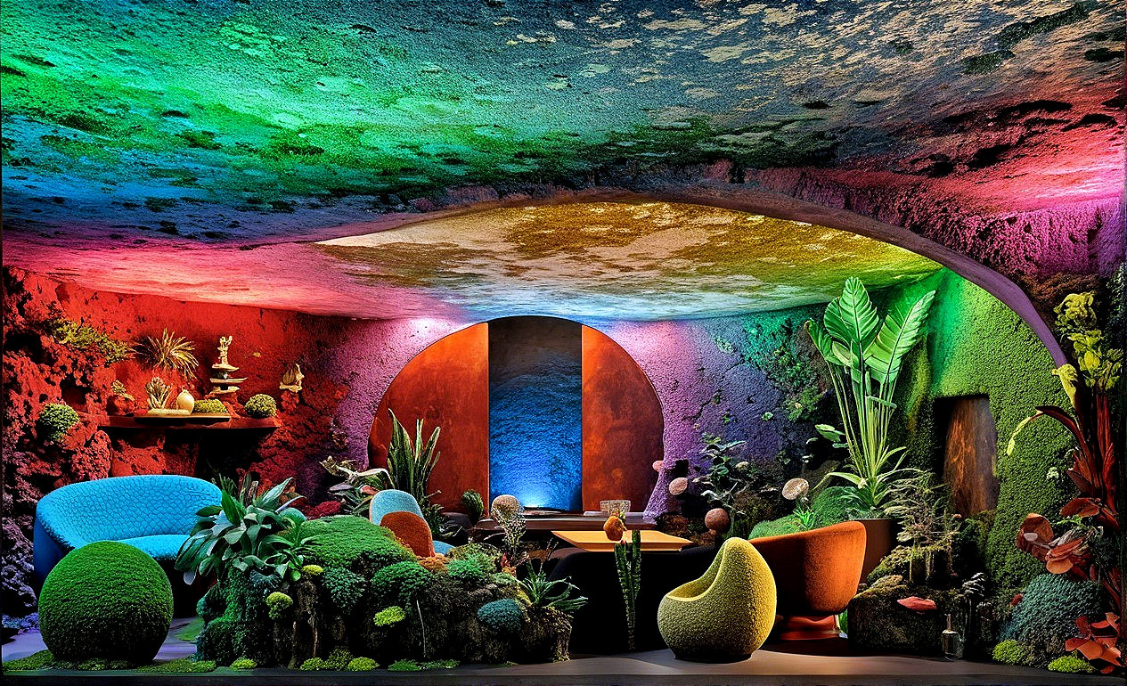 Vibrant Lounge with Colorful Textured Walls and Plants