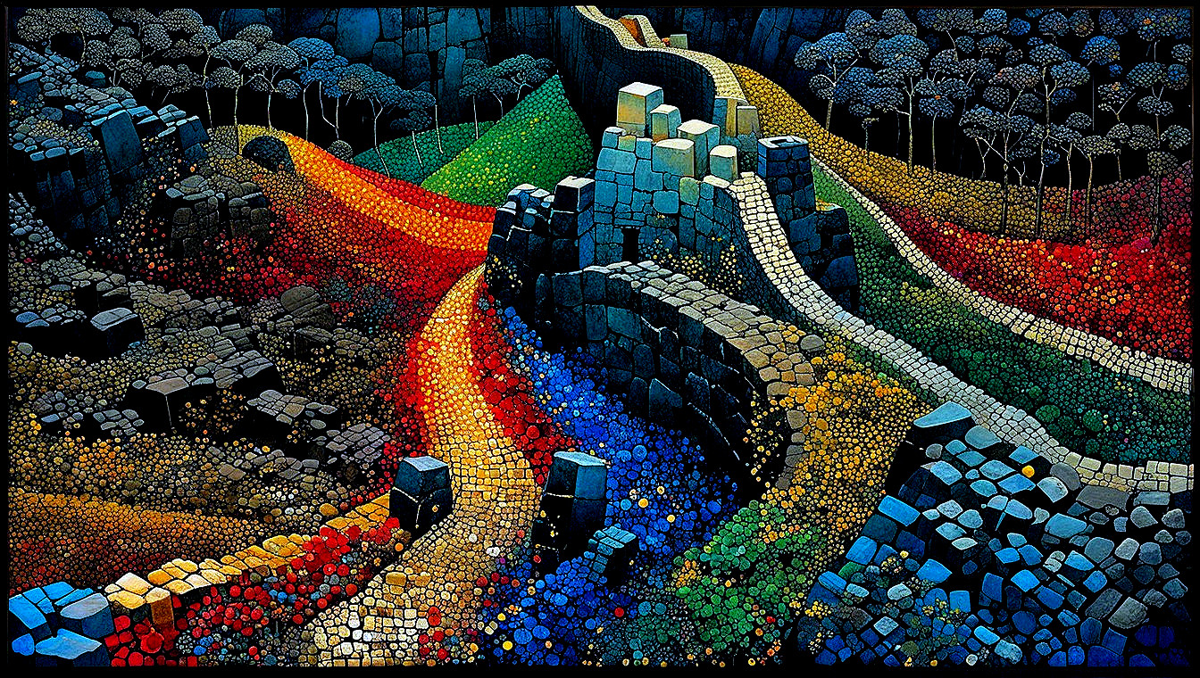 Vibrant Landscape with Colorful Paths and Abstract Stones