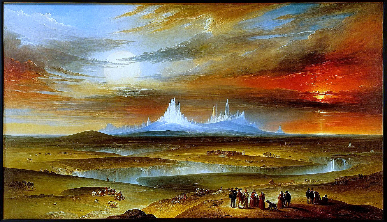 Dramatic Landscape with Crystalline Structures at Sunset