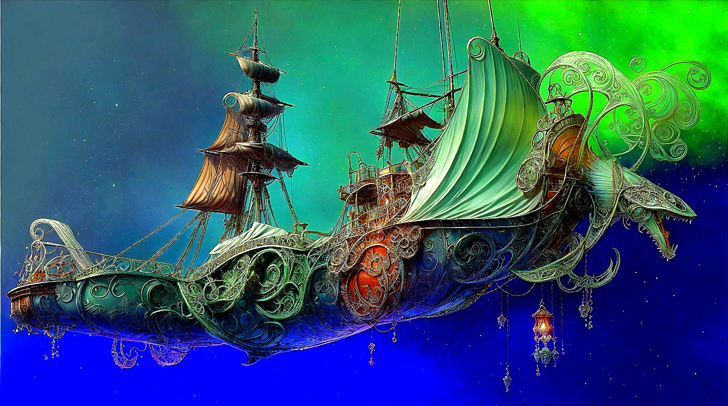 Steampunk Ship in Vibrant Mythical Sky Scene