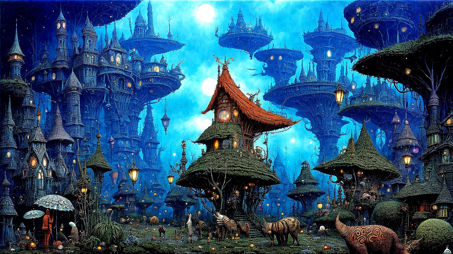 Whimsical Fantasy Landscape with Mushroom Houses