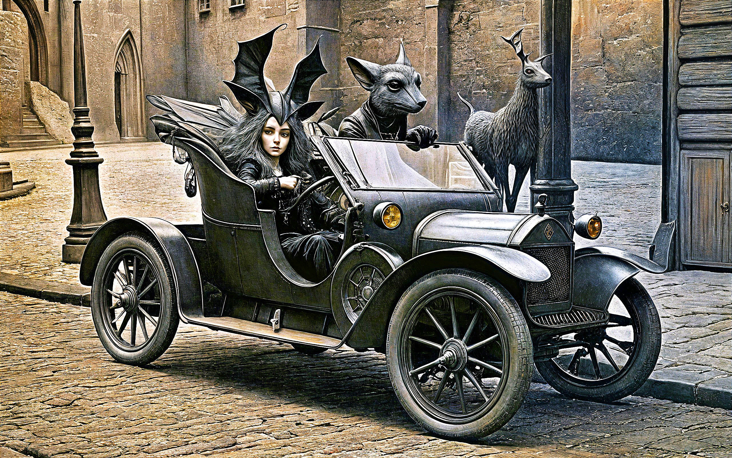 Vintage Car on Eerie Cobblestone Street with Sculptures