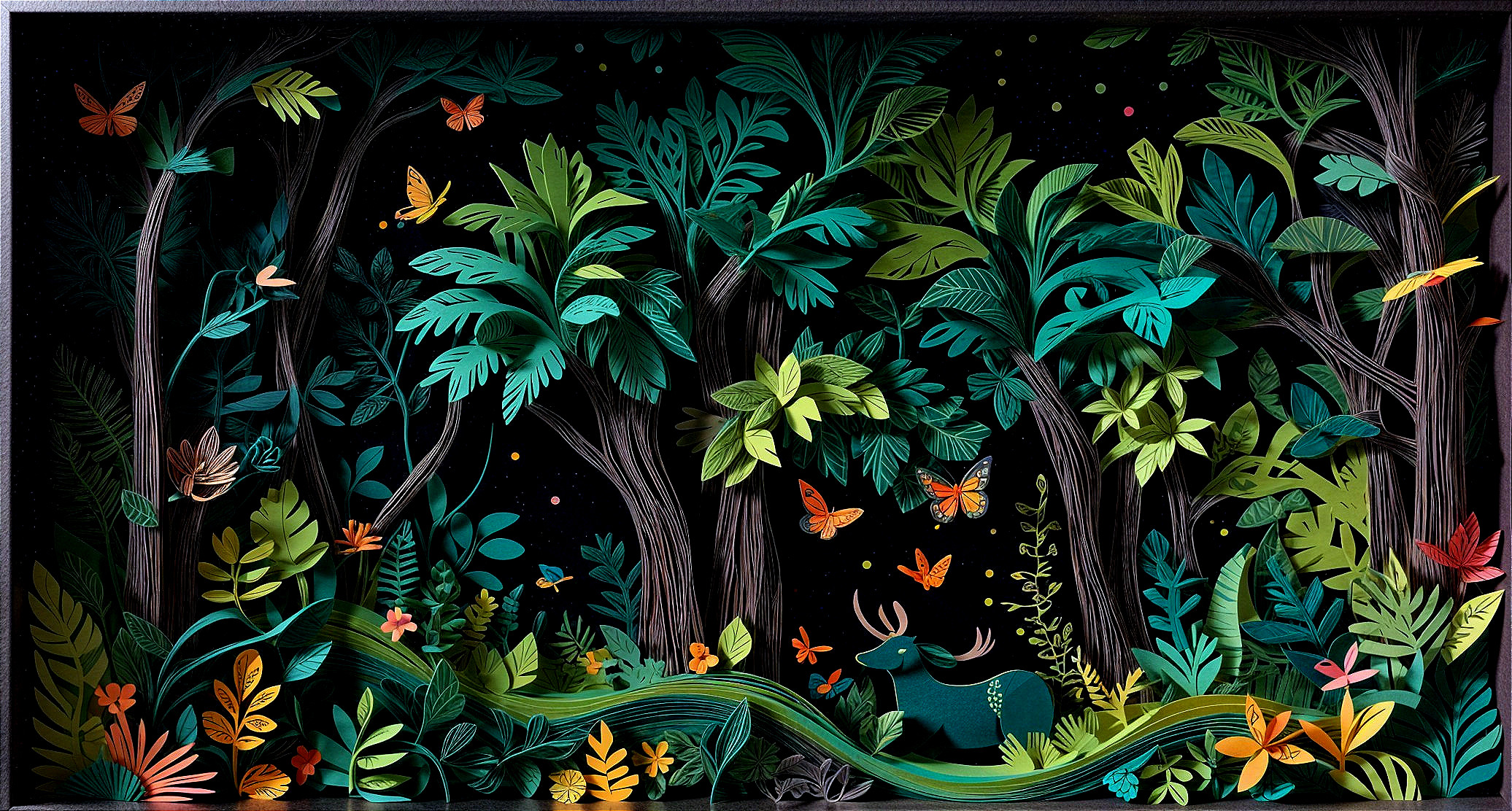 Vibrant Paper Art of a Lush Forest Scene