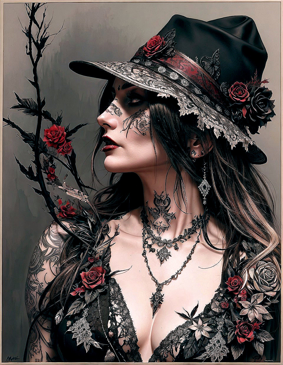 Gothic-themed portrait of a woman with tattoos, wide-brimmed hat, roses, and