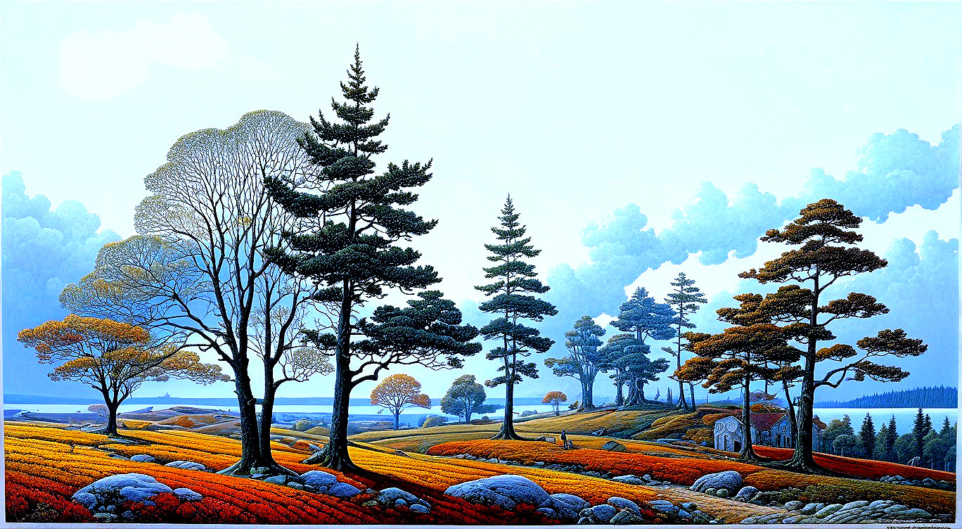 Serene Landscape with Rolling Hills and Vibrant Fields