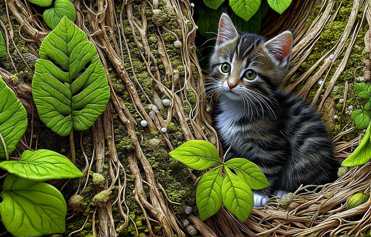 Tabby Kitten Among Lush Green Vines and Leaves