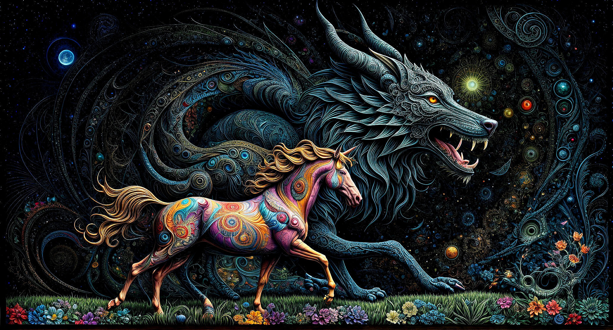 Colorful Unicorn and Intricate Wolf in Cosmic Scene