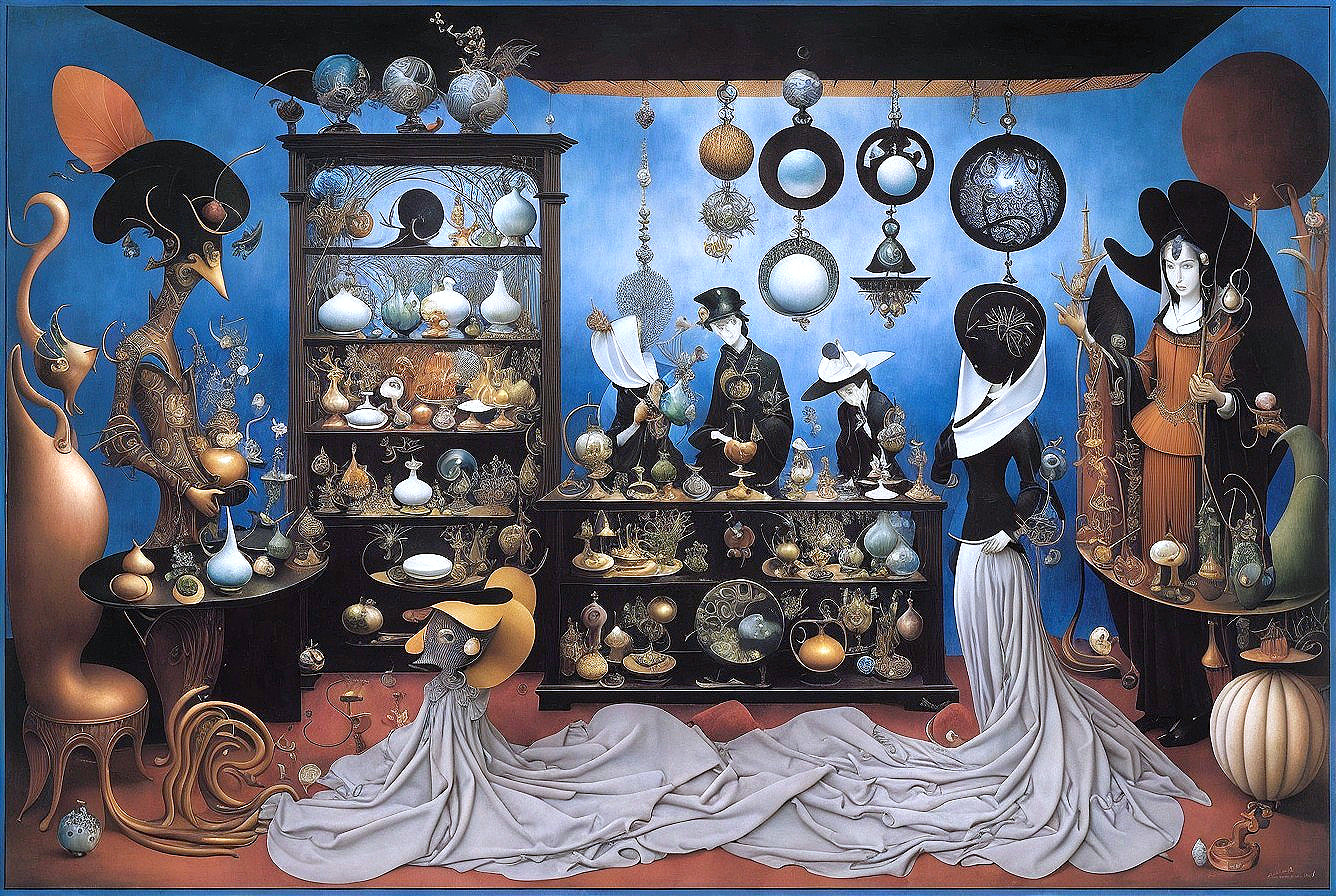Intricate surreal painting: room with globes, scientific instruments, art, elegant white figures