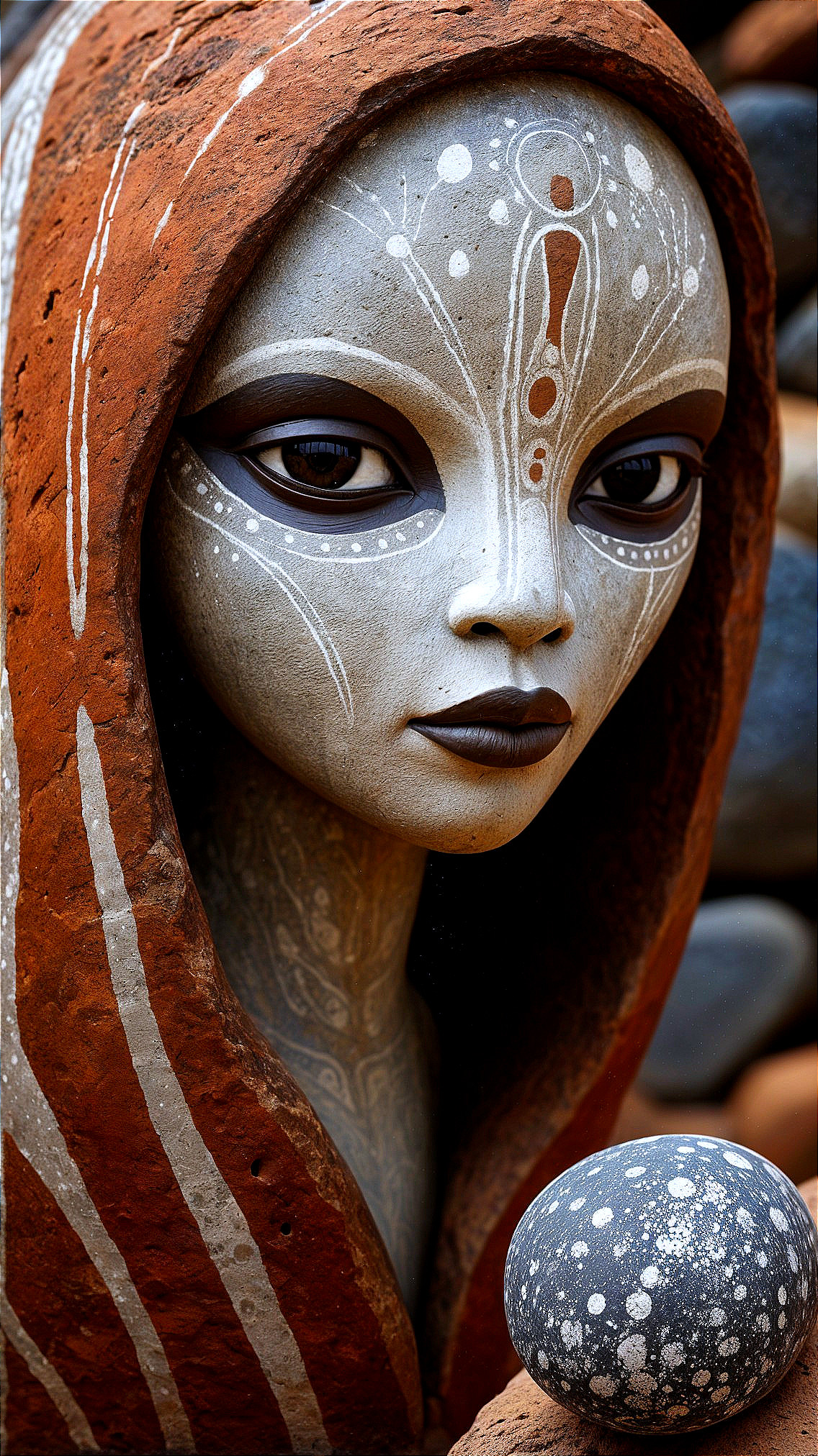 Alien-like Sculpture with Intricate Patterns and Orb