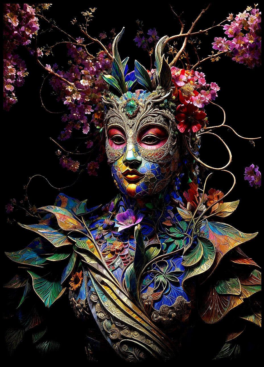 Vibrant Ornate Mask with Floral Patterns and Cherry Blossoms
