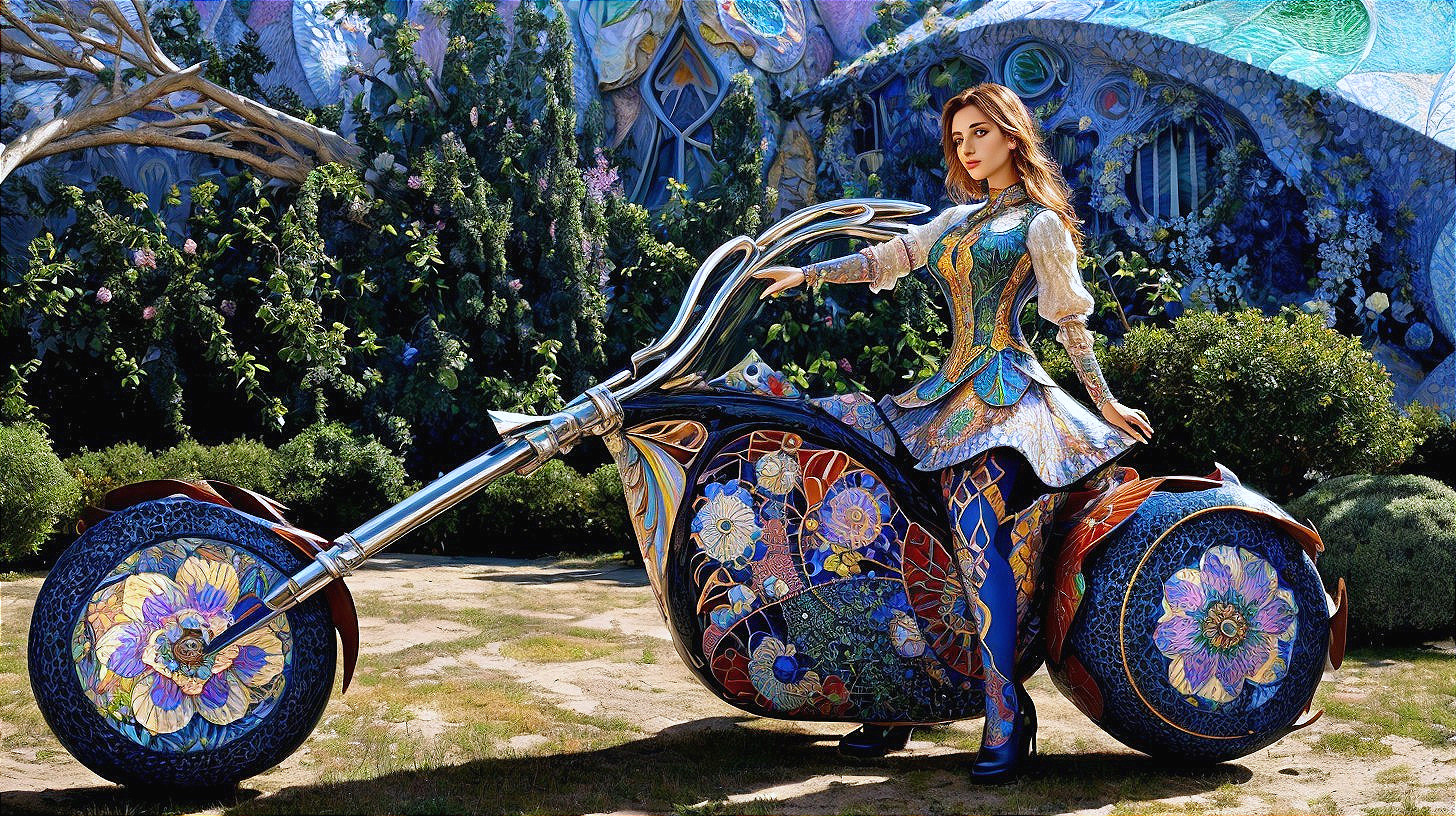 Colorful Woman on Floral Motorcycle in Dreamlike Setting