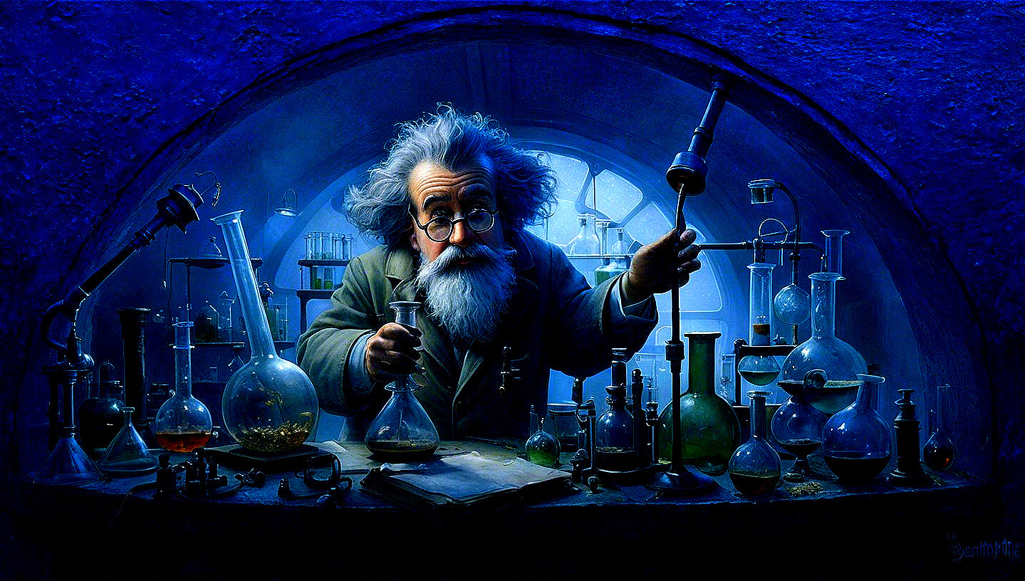 Elderly Scientist Mixing Potions in Dim Laboratory