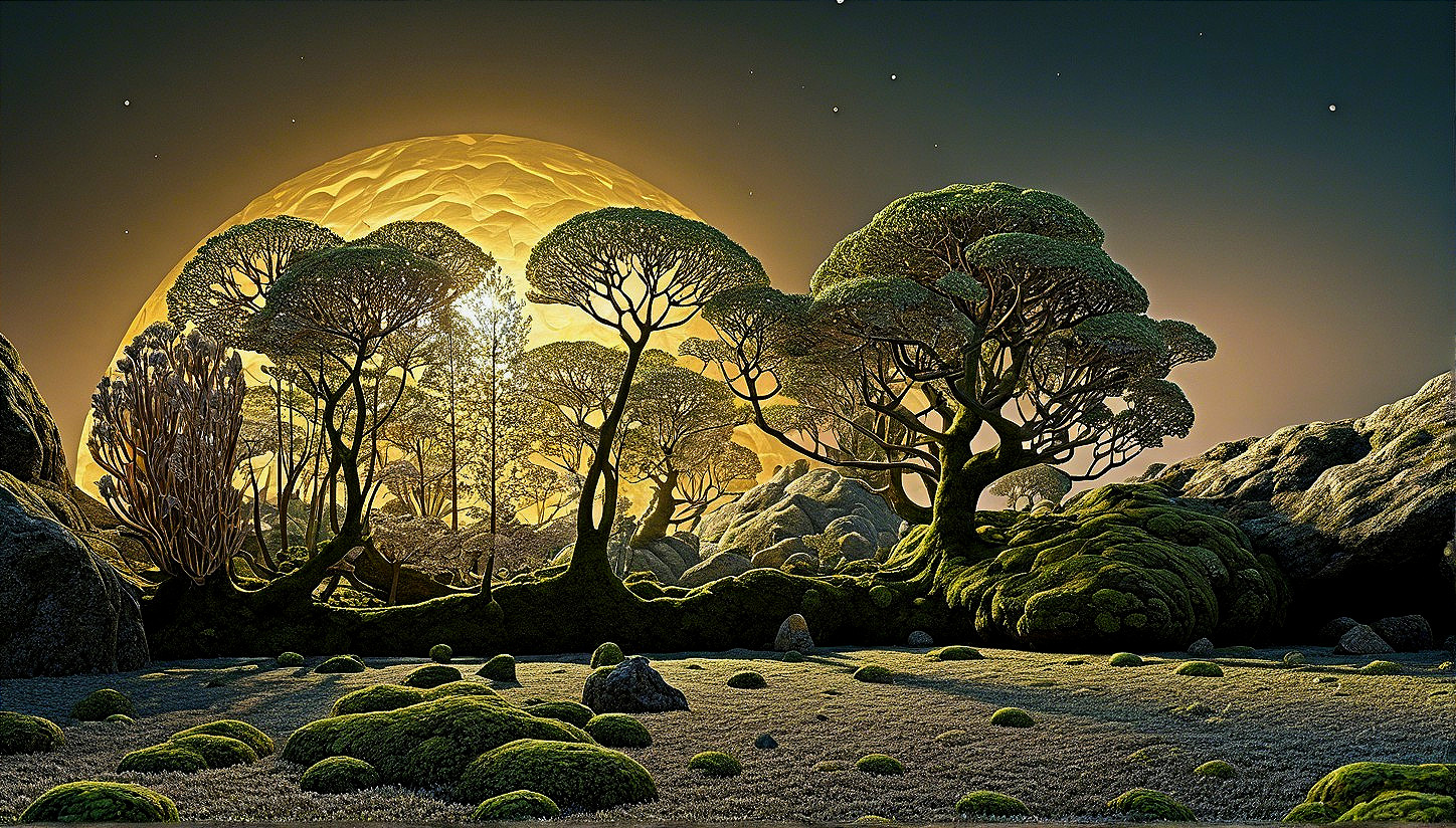 Surreal Landscape with Golden Light and Unique Trees