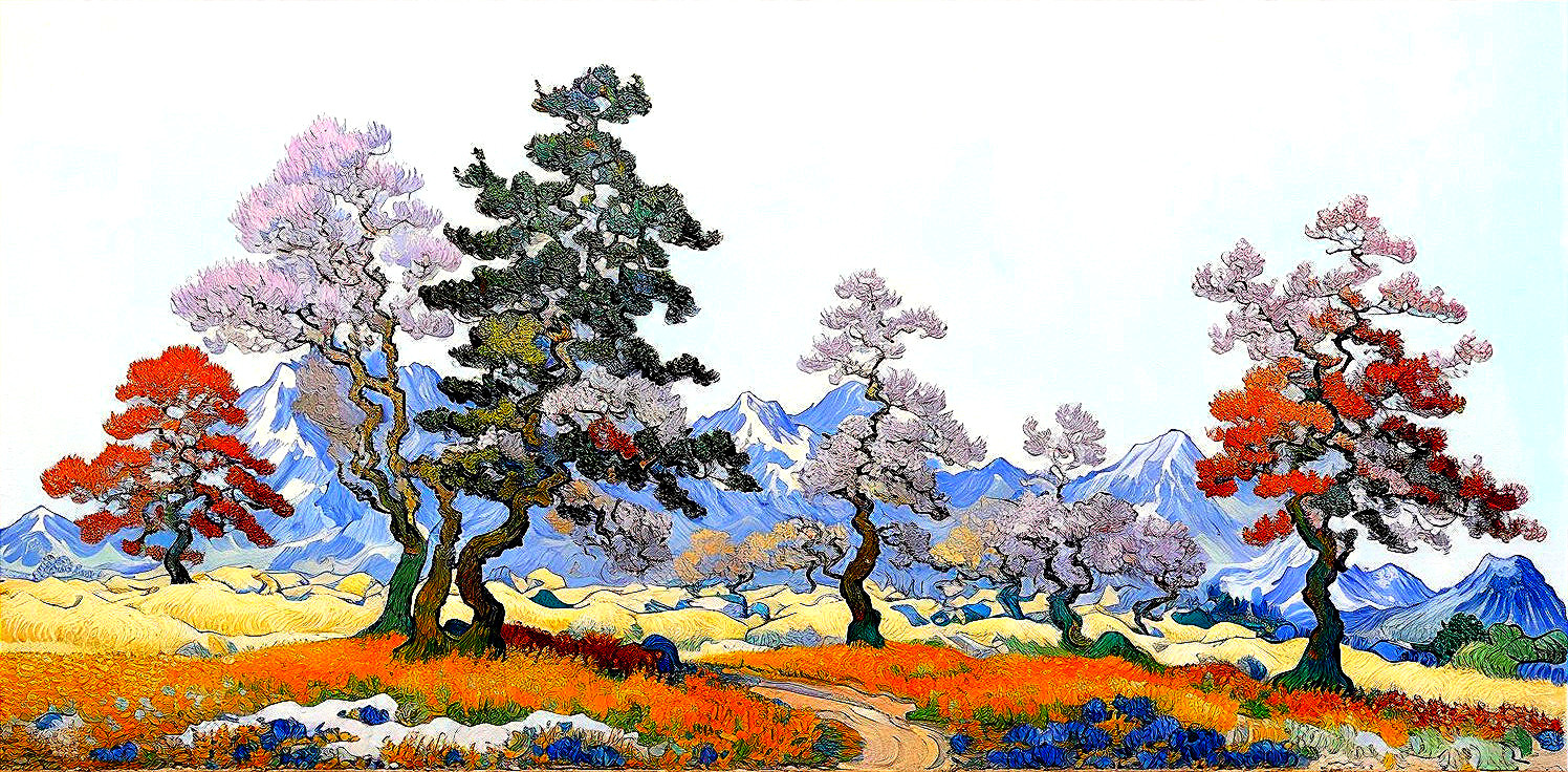 Vibrant Landscape with Stylized Trees and Wildflowers