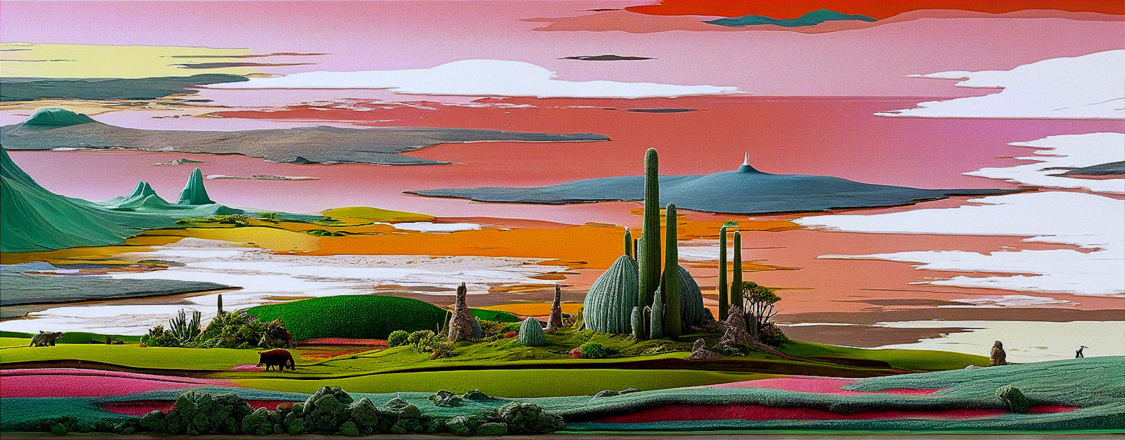 Surreal Landscape with Abstract Structures and Animals