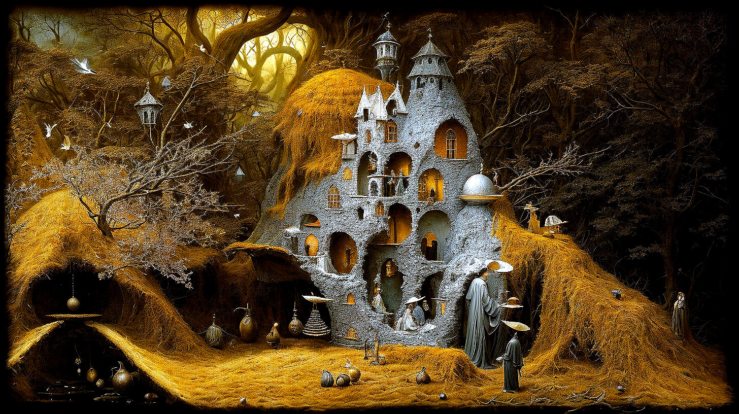 Enchanted forest with fairy-tale castle and figures