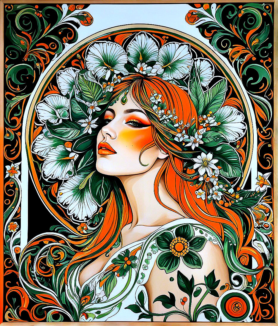Illustration of a Woman with Orange Hair and Flowers