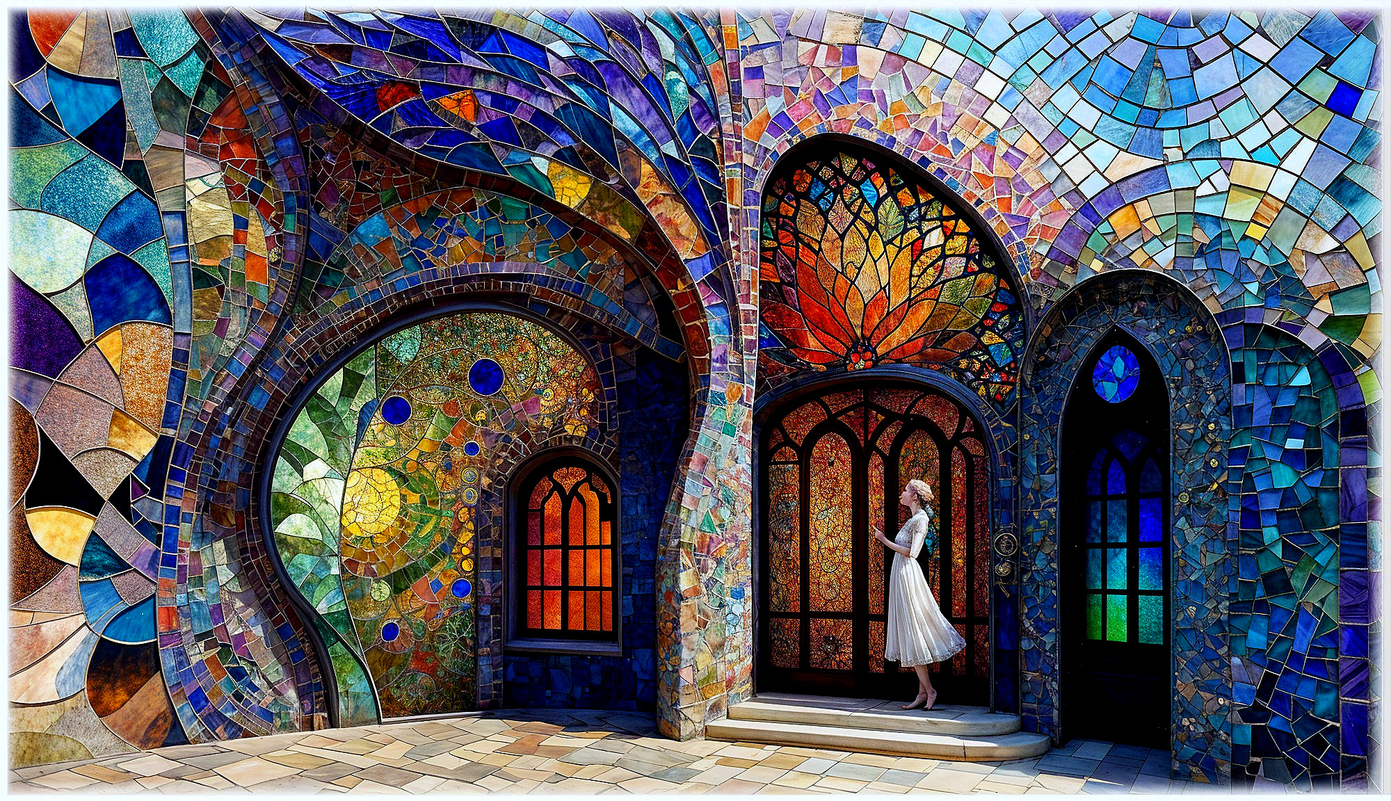 Woman in White Dress at Stained Glass Entrance