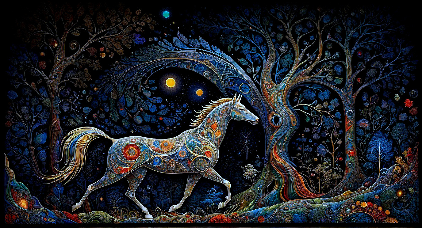 Majestic Horse in a Colorful Surreal Forest Scene