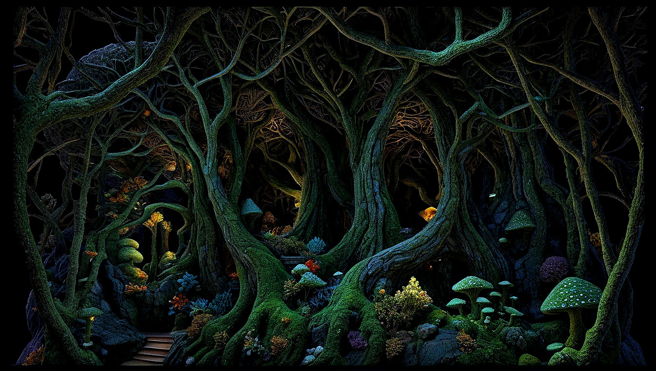 Mystical Forest with Luminescent Roots and Flora