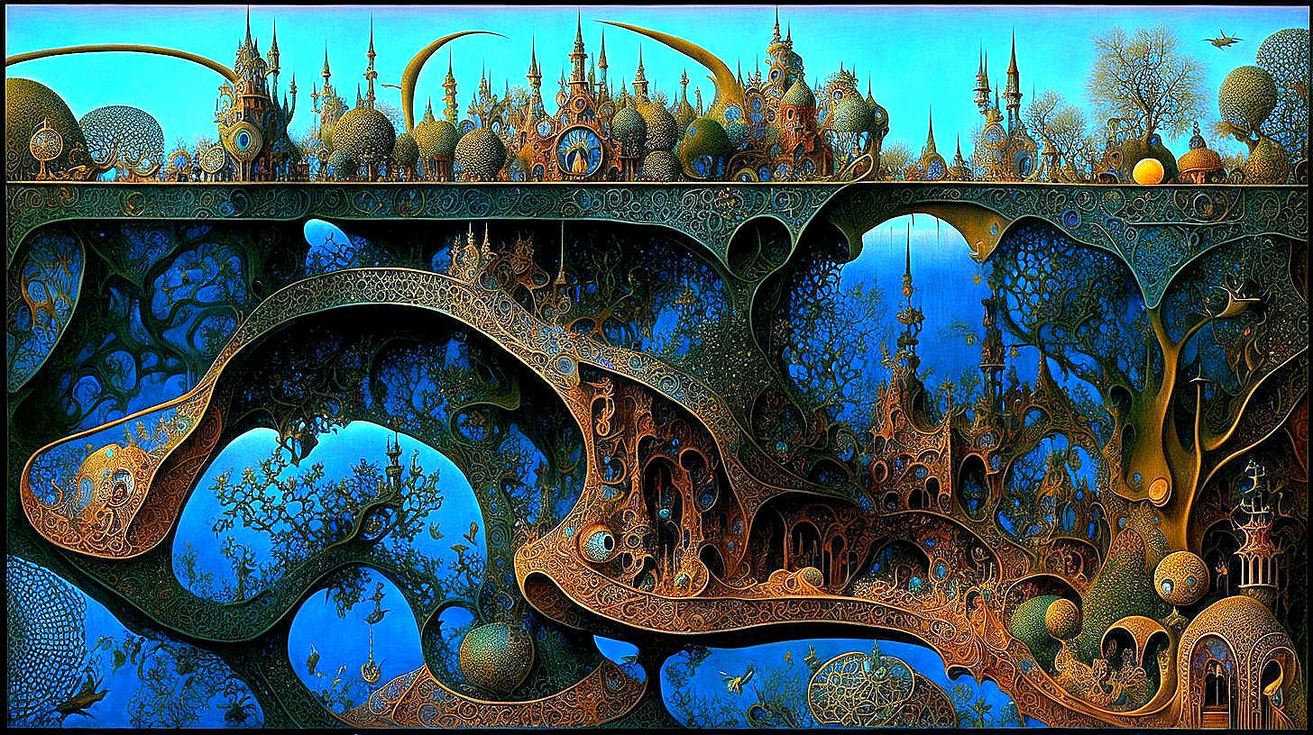 Intricate Blue and Bronze Fantasy Cityscape Landscape